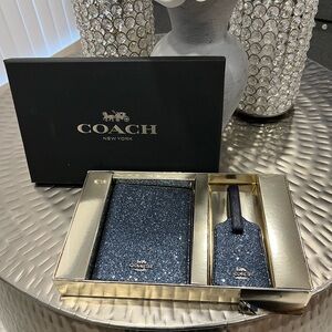 New Coach Midnight Blue Star Glitter travel set passport holder and luggage tag.